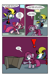 Size: 1242x1920 | Tagged: safe, artist:joeywaggoner, oc, oc only, oc:spotlight, the clone that got away, box, comic, diane, exclamation point, pinkie clone