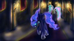Size: 1024x563 | Tagged: safe, artist:noctis-quarzt, princess celestia, princess luna, g4, frown, gritted teeth, hallway, torch, worried