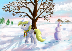 Size: 3000x2100 | Tagged: safe, artist:o0o-bittersweet-o0o, derpy hooves, pegasus, pony, g4, bare tree, clothes, female, grin, high res, mare, scarf, smiling, snow, snowfall, snowman, solo, tree, winter