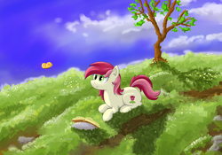 Size: 3000x2100 | Tagged: safe, artist:o0o-bittersweet-o0o, roseluck, butterfly, earth pony, pony, g4, book, cloud, female, grass, high res, mare, prone, solo, tree