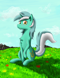 Size: 1965x2550 | Tagged: safe, artist:o0o-bittersweet-o0o, lyra heartstrings, pony, unicorn, g4, chest fluff, cloud, female, looking at you, mare, meadow, raised hoof, sitting, solo