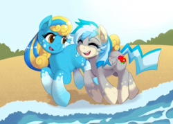 Size: 1280x914 | Tagged: safe, artist:freedomthai, oc, oc only, earth pony, pegasus, pony, beach, smiling
