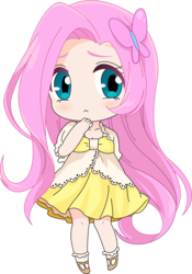 Size: 3222x4614 | Tagged: safe, artist:moorina, artist:paleo27, fluttershy, human, g4, chibi, clothes, cute, dress, female, high res, humanized, shyabetes, simple background, solo, transparent background, vector