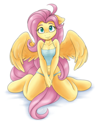 Size: 3283x4073 | Tagged: safe, artist:ambris, fluttershy, pegasus, anthro, unguligrade anthro, g4, adorasexy, belly button, blue underwear, breasts, camisole, cleavage, clothes, colored pupils, cute, delicious flat chest, female, flattershy, full body, kneeling, looking at you, mare, midriff, multiple variants, panties, sexy, shyabetes, simple background, small breasts, smiling, solo, sweet dreams fuel, tank top, underwear, white background