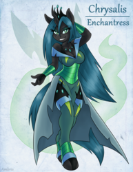 Size: 2550x3300 | Tagged: safe, artist:ambris, queen chrysalis, anthro, unguligrade anthro, adventuring is magic, g4, beckoning, bedroom eyes, breasts, busty queen chrysalis, cleavage, colored pupils, enchantress, fangs, female, grin, high res, looking at you, smiling, solo, stupid sexy chrysalis