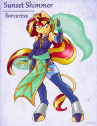 Size: 1275x1650 | Tagged: safe, artist:ambris, sunset shimmer, classical unicorn, unicorn, anthro, unguligrade anthro, adventuring is magic, equestria girls, g4, abs, armpits, blushing, colored pupils, female, glowing, horn, leonine tail, magic, solo, sorceress
