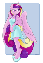 Size: 2091x3064 | Tagged: safe, artist:ambris, princess cadance, alicorn, anthro, unguligrade anthro, g4, blushing, cleavage, clothes, colored pupils, cute, cutedance, dress, female, happy, high res, jewelry, necklace, open mouth, open smile, smiling, solo