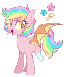Size: 2226x2606 | Tagged: safe, artist:hawthornss, oc, oc only, oc:paper stars, bat pony, pony, amputee, bandage, cute, cute little fangs, fangs, female, high res, looking at you, simple background, solo, sparkles, sparkly mane, transparent background