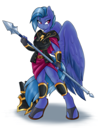 Size: 2452x3168 | Tagged: safe, artist:ambris, commander hurricane, alicorn, anthro, unguligrade anthro, g4, armor, clothes, colored pupils, commission, female, helmet, high res, scar, skirt, solo, spear, weapon