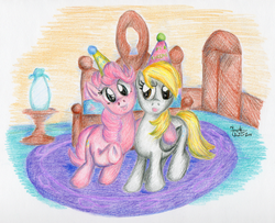 Size: 1280x1039 | Tagged: safe, artist:kuroitsubasatenshi, derpy hooves, pinkie pie, earth pony, pegasus, pony, g4, duo, fanfic art, fanfic cover, female, hat, mare, party hat, pinkie's room, traditional art