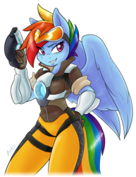 Size: 2550x3300 | Tagged: safe, artist:ambris, rainbow dash, pegasus, anthro, g4, clothes, colored pupils, cosplay, costume, crossover, female, goggles, grin, high res, overwatch, rainbow tracer, smiling, smirk, solo, tracer