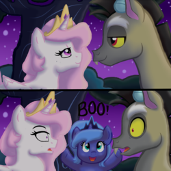 Size: 2500x2500 | Tagged: safe, artist:villagerpony13, discord, princess celestia, princess luna, g4, boo, cewestia, comic, crown, cute, cutelestia, dialogue, discute, female, filly, filly celestia, filly luna, foal, high res, jewelry, lidded eyes, looking at each other, lunabetes, male, moment killer, night, open mouth, pink-mane celestia, regalia, romantic, ship:dislestia, shipping, sky, smiling, straight, wide eyes, woona, young discord, younger
