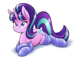 Size: 3300x2550 | Tagged: safe, artist:ambris, starlight glimmer, pony, unicorn, g4, blushing, clothes, colored pupils, cute, female, glimmerbetes, high res, lying down, mare, prone, s5 starlight, simple background, smiling, socks, solo, sploot, striped socks, white background