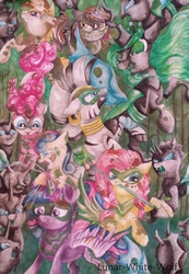 Size: 2189x3165 | Tagged: safe, artist:lunar-white-wolf, bon bon, fluttershy, pinkie pie, queen chrysalis, sweetie drops, twilight sparkle, zecora, alicorn, changeling, pony, zebra, g4, the cutie re-mark, alternate timeline, chrysalis resistance timeline, fight, gritted teeth, high res, magic, mouth hold, rearing, resistance leader zecora, spear, traditional art, tribal pie, tribalshy, twilight sparkle (alicorn), watercolor painting, weapon