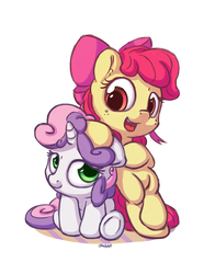 Size: 1100x1400 | Tagged: safe, artist:bobdude0, apple bloom, sweetie belle, earth pony, pony, unicorn, g4, adorabloom, bipedal, bipedal leaning, bow, cute, diasweetes, duo, female, filly, hair bow, leaning, open mouth, simple background, smiling, white background