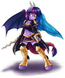 Size: 2550x3024 | Tagged: safe, artist:ambris, twilight sparkle, alicorn, draconequus, anthro, unguligrade anthro, armor, armor skirt, belly button, cleavage, clothes, colored pupils, commission, discord sparkle, draconequified, female, fire emblem, fusion, midriff, mismatched horns, mismatched wings, shadow, skirt, socks, solo, species swap, thigh highs, twikonequus, twilight sparkle (alicorn), wings, zettai ryouiki