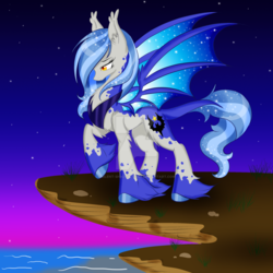 Size: 1024x1024 | Tagged: safe, artist:pvrii, oc, oc only, oc:midnight radiance, bat pony, pony, cliff, ocean, solo, unshorn fetlocks, watermark