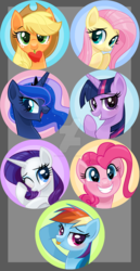 Size: 1024x1984 | Tagged: safe, artist:wicklesmack, applejack, fluttershy, pinkie pie, princess luna, rainbow dash, rarity, twilight sparkle, g4, mane six, watermark