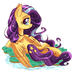 Size: 300x300 | Tagged: safe, artist:xwhitedreamsx, oc, oc only, oc:arwen, pegasus, pony, female, long mane, looking back, looking back at you, looking over shoulder, pixel art, reclining, simple background, solo, sparkles, transparent background