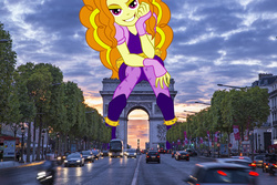 Size: 5472x3648 | Tagged: dead source, safe, artist:backgrounduser, artist:dodo1500, edit, vector edit, adagio dazzle, equestria girls, g4, absurd resolution, arc de triomphe, bedroom eyes, clothes, equestria girls in real life, france, giantess, grin, irl, macro, paris, photo, sitting, smiling, solo, vector