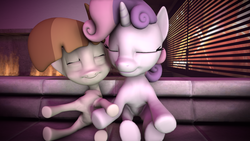 Size: 3840x2160 | Tagged: safe, artist:viranimation, featherweight, sweetie belle, g4, 3d, cute, eyes closed, high res, ship:featherbelle, shipping, source filmmaker, story included