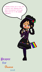 Size: 340x585 | Tagged: safe, artist:obeliskgirljohanny, oc, oc only, oc:strawberry rose, human, casual lolita, crying, gay pride flag, gothic lolita, humanized, lolita fashion, looking down, mourning, solo, stand with orlando