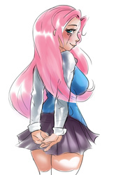 Size: 1280x1694 | Tagged: safe, artist:mrscurlystyles, fluttershy, human, g4, bedroom eyes, big breasts, blushing, breasts, busty fluttershy, clothes, faith summers, female, grin, humanized, looking at you, looking back, miniskirt, pleated skirt, school uniform, sideboob, skirt, smiling, socks, solo, starswirl academy, starswirl academy uniform, thigh highs, thigh socks, zettai ryouiki