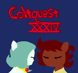 Size: 640x600 | Tagged: safe, artist:ficficponyfic, oc, oc only, oc:emerald jewel, oc:ruby rouge, earth pony, pony, colt quest, amulet, child, color, colt, cyoa, female, filly, foal, logo, male, recap, title, title card