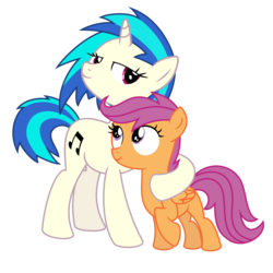 Size: 6000x6000 | Tagged: safe, artist:gitzomailru, dj pon-3, scootaloo, vinyl scratch, g4, absurd resolution, hug, missing accessory, scootalove, simple background