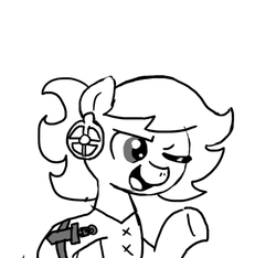 Size: 640x600 | Tagged: safe, artist:ficficponyfic, oc, oc only, oc:ruby rouge, earth pony, pony, colt quest, clothes, ear piercing, earring, female, filly, foal, grin, jewelry, knife, monochrome, piercing, sly, smiling, smirk, solo, story included, tomboy, weapon, wink