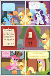 Size: 3254x4837 | Tagged: safe, artist:gutovi, angel bunny, applejack, fluttershy, pinkie pie, pound cake, pumpkin cake, rainbow dash, rarity, scootaloo, sweetie belle, twilight sparkle, pony, comic:why me!?, baby cakes, g4, comic, high res