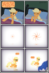 Size: 3254x4837 | Tagged: safe, artist:gutovi, applejack, princess luna, pony, comic:why me!?, g4, apple, comic, dream, food, high res