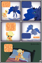 Size: 3254x4837 | Tagged: safe, artist:gutovi, applejack, princess luna, pony, comic:why me!?, g4, bed, comic, dream, dreamscape, high res