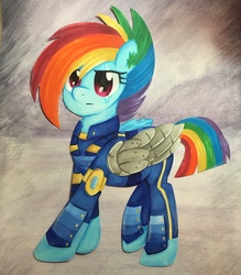 Size: 3024x3453 | Tagged: safe, artist:chelseaz123, rainbow dash, g4, alternate timeline, apocalypse dash, crystal war timeline, female, full body, high res, scar, solo, torn ear, traditional art