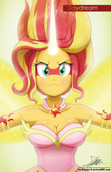 Size: 1158x1791 | Tagged: safe, artist:the-butch-x, sunset shimmer, equestria girls, g4, my little pony equestria girls: friendship games, badass, big breasts, breasts, busty sunset shimmer, cleavage, cutie mark, cutie mark on equestria girl, daydream shimmer, female, looking at you, signature, solo