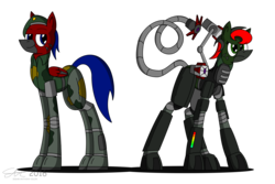 Size: 3840x2560 | Tagged: safe, artist:derpanater, oc, oc only, oc:blaster beam, oc:theremin, cyborg, cyborg pony, pony, fallout equestria, fallout equestria: dance of the orthrus, armor, clothes, commission, digital art, high res, mirage pony, simple background, transparent background