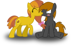 Size: 4374x3000 | Tagged: safe, artist:ruinedomega, oc, oc only, oc:honey ella, oc:romance heart, earth pony, pegasus, pony, duo, female, kissing, male, romella, sitting, standing, straight