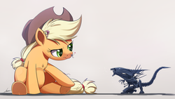 Size: 2000x1125 | Tagged: safe, artist:ncmares, applejack, fluttershy, alien, facehugger, pony, xenomorph, g4, alien (franchise), biting, crossover, fluffy, frown, giant pony, glare, heart, macro, scared, simple background, sitting, size difference, underhoof, wide eyes, xenomorph queen