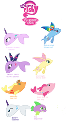 Size: 1432x2588 | Tagged: artist needed, source needed, safe, applejack, fluttershy, pinkie pie, rainbow dash, rarity, spike, starlight glimmer, twilight sparkle, fish, narwhal, rainbow trout, g4, fishified, flutterfish, flying fish, mane seven, mane six, my little x, pike, pun, rarifish, species swap, splash, wat