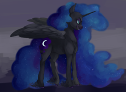 Size: 1338x983 | Tagged: safe, artist:colorlesscupcake, nightmare moon, alicorn, pony, g4, colored hooves, colored sclera, ethereal mane, fangs, female, galaxy mane, horn, licking, licking lips, mare, sharp teeth, slit pupils, solo, spread wings, tongue out, wings