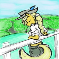 Size: 1000x1000 | Tagged: safe, artist:thewraithofwolf, applejack, earth pony, anthro, g4, eyes closed, female, fence, solo