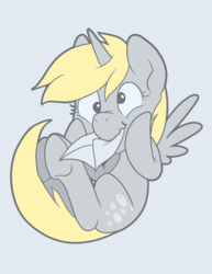 Size: 1487x1925 | Tagged: safe, artist:pixel-prism, derpy hooves, alicorn, pony, g4, :t, alicornified, cute, derpabetes, derpicorn, everyone is an alicorn, featured image, female, gray background, letter, looking at you, mare, mouth hold, nom, race swap, scrunchy face, simple background, smiling, solo, spread wings, squishy cheeks, sweet dreams fuel, this will end in muffins, this will end in tears, this will end in tears and/or death, underhoof, wavy mouth, wings, xk-class end-of-the-world scenario