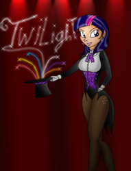 Size: 900x1176 | Tagged: safe, artist:odiz, twilight sparkle, human, g4, clothes, cutie mark, dc comics, female, fireworks, gloves, hat, humanized, magic trick, magician, pantyhose, solo, tailcoat, top hat, zatanna