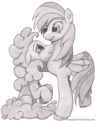 Size: 816x1024 | Tagged: safe, artist:munkari, pinkie pie, rainbow dash, g4, crying, female, lesbian, monochrome, ship:pinkiedash, shipping, unshorn fetlocks