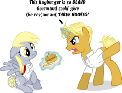 Size: 3615x2771 | Tagged: safe, artist:nstone53, derpy hooves, gourmand ramsay, pegasus, pony, unicorn, g4, spice up your life, burger, female, floppy ears, food, gordon ramsay, hay burger, high res, magic, mare, ponified, simple background, telekinesis, transparent background