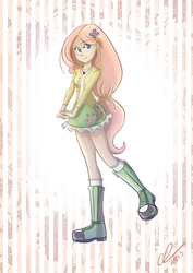 Size: 2480x3508 | Tagged: safe, artist:lalindaaa, fluttershy, human, g4, blushing, boots, clothes, female, high res, humanized, jewelry, legs, necklace, shirt, skirt, socks, solo