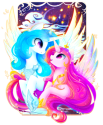 Size: 3141x3810 | Tagged: safe, artist:koveliana, princess cadance, oc, oc:lexie, alicorn, pony, g4, alicorn oc, chromatic aberration, color porn, high res, mother and daughter, spread wings