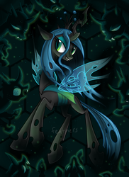 Size: 1024x1408 | Tagged: safe, artist:feathersokapi, artist:okapifeathers, queen chrysalis, changeling, changeling queen, g4, crown, female, grin, hive, jewelry, regalia, smiling, solo focus, transparent wings, wings