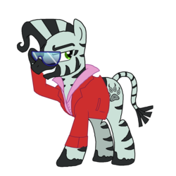 Size: 1806x1800 | Tagged: safe, artist:moheart7, zeb, zebra, g1, g4, clothes, g1 to g4, generation leap, grin, jacket, looking back, male, raised hoof, simple background, smiling, solo, stallion, sunglasses, transparent background, vector