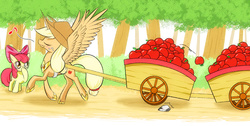 Size: 1856x933 | Tagged: safe, artist:phoenixperegrine, apple bloom, applejack, alicorn, pony, g4, alicornified, apple, applecorn, cart, food, princess applejack, race swap